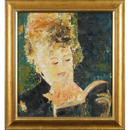 1233 - Lady reading a book, oil on board, mounted in a gilt frame, 41cm x 37cm