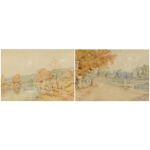 1292 - L H Michael - Tow path and river and Streatley Bridge, pair of watercolours, mounted, framed and gla... 