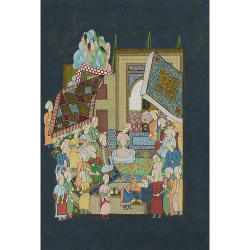 1365 - Two Indian Mughal school watercolours onto silk of court scenes, mounted, framed and glazed, the lar... 