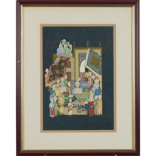 1365 - Two Indian Mughal school watercolours onto silk of court scenes, mounted, framed and glazed, the lar... 