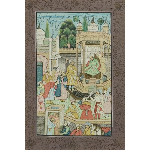 1365 - Two Indian Mughal school watercolours onto silk of court scenes, mounted, framed and glazed, the lar... 