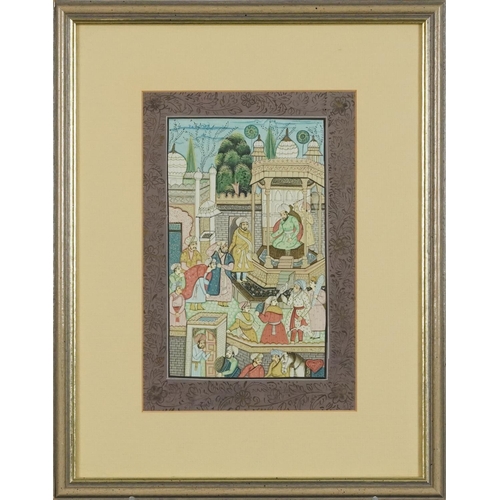 1365 - Two Indian Mughal school watercolours onto silk of court scenes, mounted, framed and glazed, the lar... 