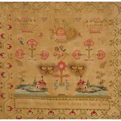 1226 - Victorian needlework sampler, Amelia Martin's done in her 10th year, dated 1842, decorated with butt... 