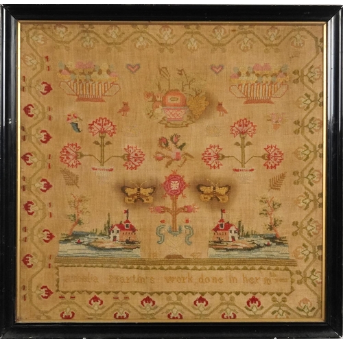 1226 - Victorian needlework sampler, Amelia Martin's done in her 10th year, dated 1842, decorated with butt... 