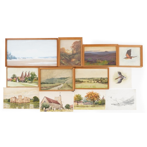 2194 - Herbert Ahier - Assorted unframed watercolours including Bodiam Castle and birds in flight together ... 