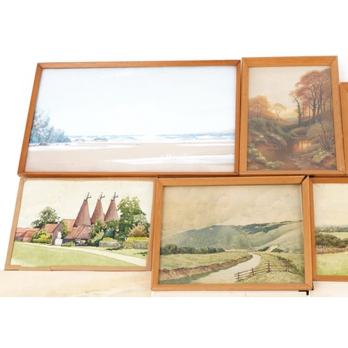 2194 - Herbert Ahier - Assorted unframed watercolours including Bodiam Castle and birds in flight together ... 