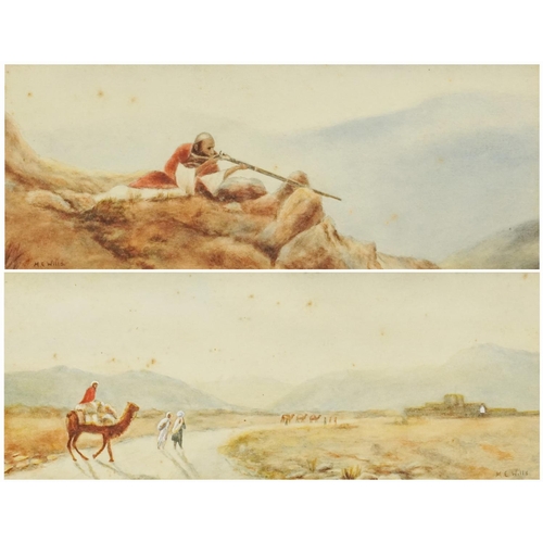 2158 - M E Wills - Arab gentleman with rifle and camels in the desert, pair of watercolours, each contempor... 