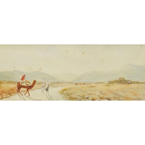 2158 - M E Wills - Arab gentleman with rifle and camels in the desert, pair of watercolours, each contempor... 