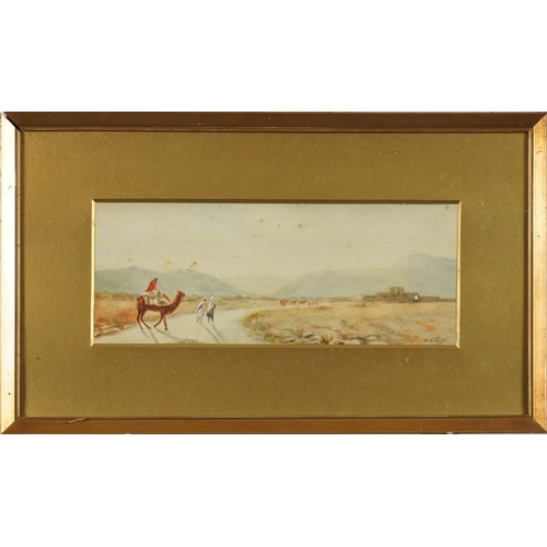 2158 - M E Wills - Arab gentleman with rifle and camels in the desert, pair of watercolours, each contempor... 