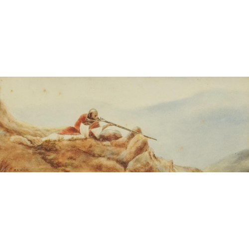 2158 - M E Wills - Arab gentleman with rifle and camels in the desert, pair of watercolours, each contempor... 