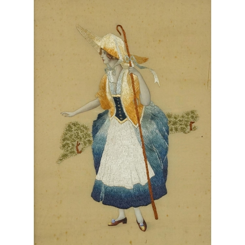 1224 - Early Victorian silkwork of Little Bo Peep, mounted and glazed, 39cm x 28cm