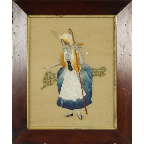 1224 - Early Victorian silkwork of Little Bo Peep, mounted and glazed, 39cm x 28cm