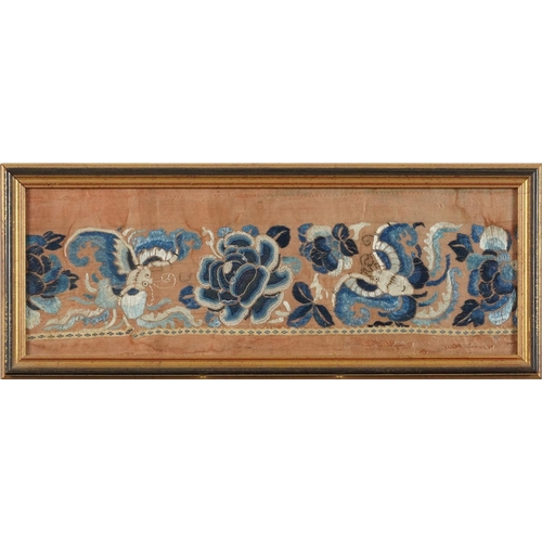 1364 - Two Chinese silk runners of moths and Chinese vases, each mounted, framed and glazed, the largest 40... 