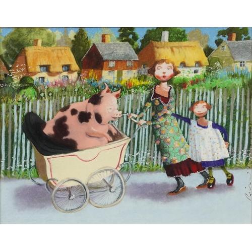 1140 - Richard Adams - Lady with child pushing a pram with pig before cottages, gouache on board, contempor... 