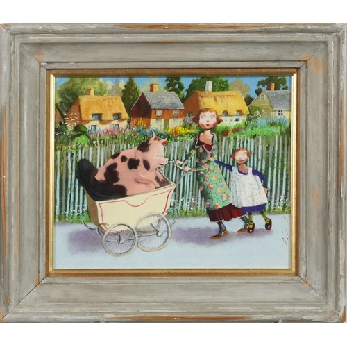 1140 - Richard Adams - Lady with child pushing a pram with pig before cottages, gouache on board, contempor... 