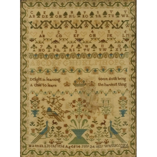 1225 - Victorian sampler worked by Hannah Litchfield aged 14 years, July 24th 1829, Whittlerford School wit... 