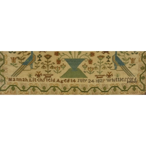 1225 - Victorian sampler worked by Hannah Litchfield aged 14 years, July 24th 1829, Whittlerford School wit... 