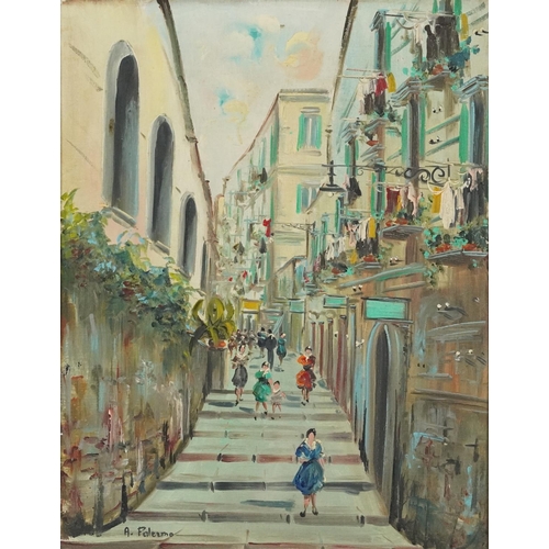 1190 - A. Palermo - Continental street scene, oil on board, contemporary mounted and framed, 52cm x 40cm