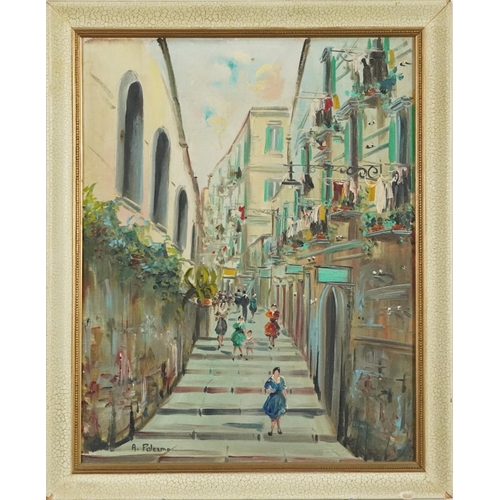 1190 - A. Palermo - Continental street scene, oil on board, contemporary mounted and framed, 52cm x 40cm