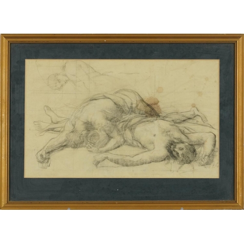 1417 - Dying men, Old Master style pencil drawing, mounted, framed and glazed, 39cm x 23cm