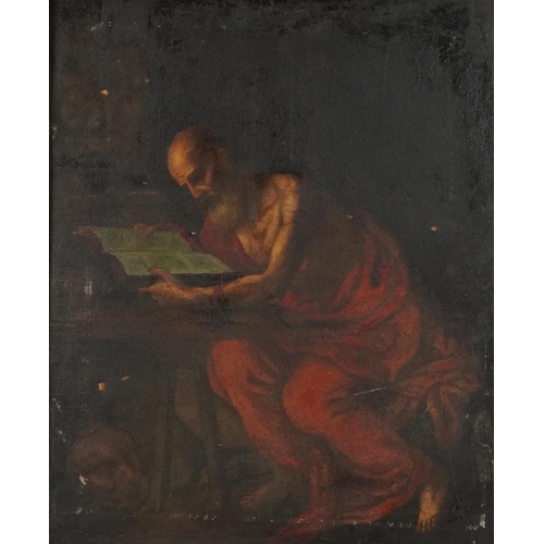 1139 - Monk reading a book at a table, Old Master style oil on canvas, mounted in a gilt frame, 67cm x 56cm