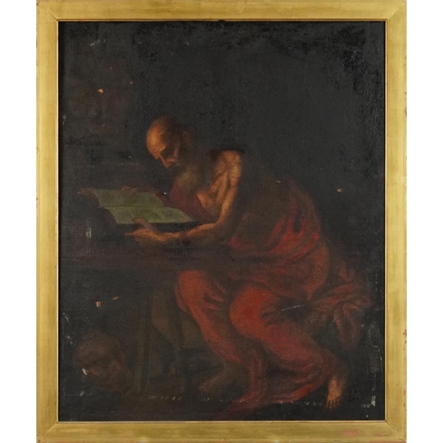 1139 - Monk reading a book at a table, Old Master style oil on canvas, mounted in a gilt frame, 67cm x 56cm