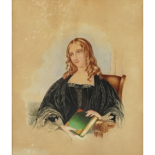 1320 - Girl with a book, Victorian hand coloured print, mounted, framed and glazed in a contemporary bird's... 