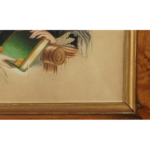 1320 - Girl with a book, Victorian hand coloured print, mounted, framed and glazed in a contemporary bird's... 