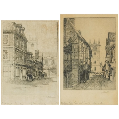 2297 - Thomas William Cole - Butcher's Row and Milk Street Shrewsbury, two black and white etchings, mounte... 