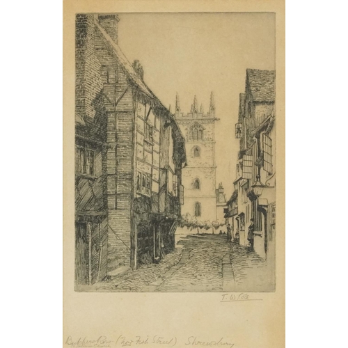 2297 - Thomas William Cole - Butcher's Row and Milk Street Shrewsbury, two black and white etchings, mounte... 