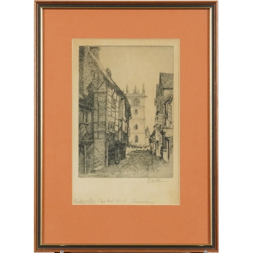 2297 - Thomas William Cole - Butcher's Row and Milk Street Shrewsbury, two black and white etchings, mounte... 