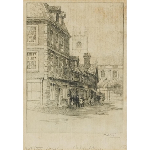 2297 - Thomas William Cole - Butcher's Row and Milk Street Shrewsbury, two black and white etchings, mounte... 