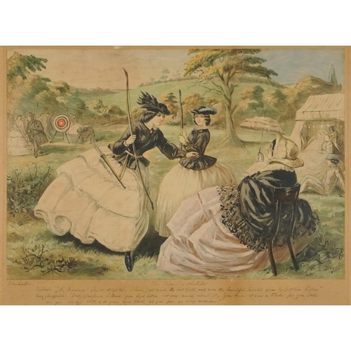 2161 - The Fair Toxophilites, Constance , Lucy and Mother, Victorian print, mounted, framed and glazed, 67c... 