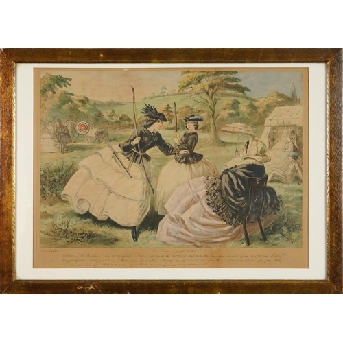 2161 - The Fair Toxophilites, Constance , Lucy and Mother, Victorian print, mounted, framed and glazed, 67c... 