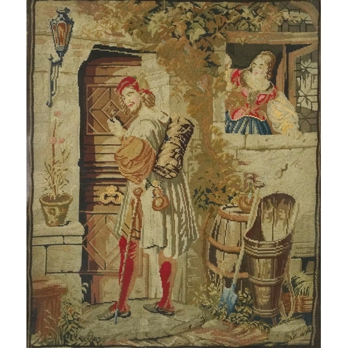 1223 - Victorian tapestry of possibly Robin Hood, contemporary mounted, framed and glazed in a mahogany fra... 