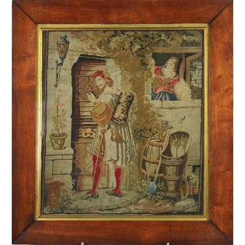 1223 - Victorian tapestry of possibly Robin Hood, contemporary mounted, framed and glazed in a mahogany fra... 