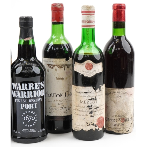 2072 - Seven bottles of alcohol including 1978 Médoc, Warre's Warrior port and 1970 Cheret-Pitres Graves