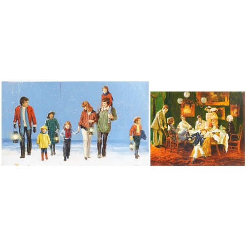 2093 - Len Thurston - Young Renny and Eight People in snow, two oil on card illustrations, each framed, the... 