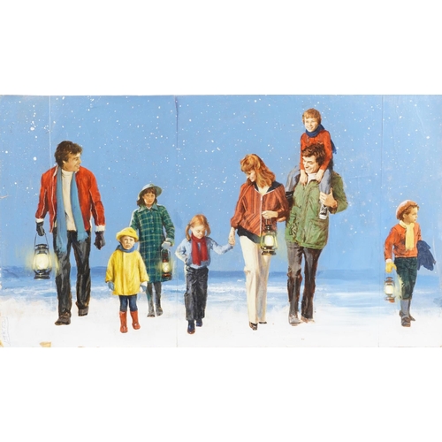 2093 - Len Thurston - Young Renny and Eight People in snow, two oil on card illustrations, each framed, the... 