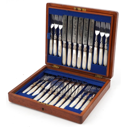 1276 - Victorian mahogany cased set of twelve fruit knives and forks with mother of pearl handles