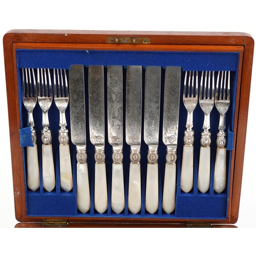 1276 - Victorian mahogany cased set of twelve fruit knives and forks with mother of pearl handles