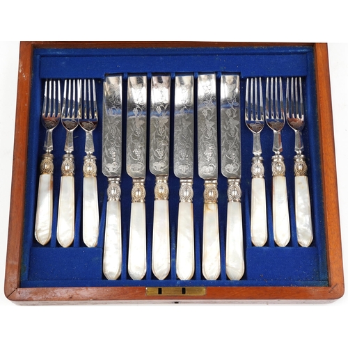 1276 - Victorian mahogany cased set of twelve fruit knives and forks with mother of pearl handles