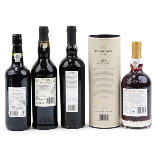 2021 - Four bottles of port including 20 Year Old Graham's, 2002 Taylor's and Dow's