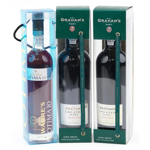 2023 - Three bottles of port with boxes comprising Graham's Crusted port and Warre's Otima 10 Year Old