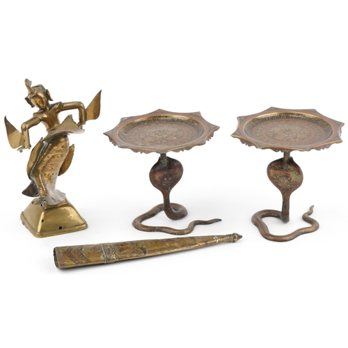 1335 - Middle Eastern metalware including a pair of enamelled Cairoware cobra tazzas and a Tibetan brass je... 