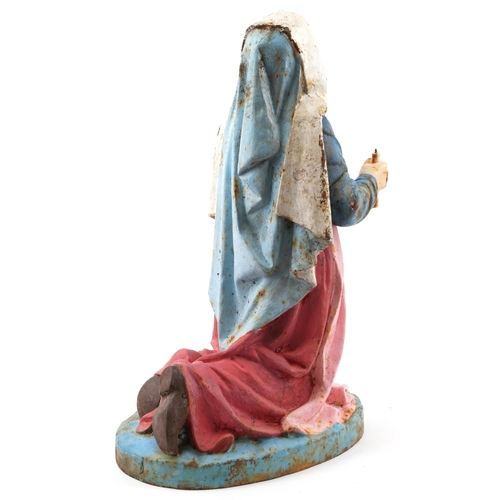 1372 - Hand painted cast iron figure of St. Bernadette of Lourdes kneeling, 55cm high