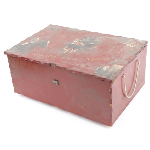 1427 - Pair of vintage brass carriage lanterns housed in a painted and decoupage wood crate, each 39cm high