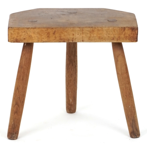 580 - 20th century oak primitive staked stool, 42cm H x 45cm W x 39cm D