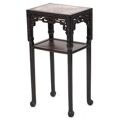 666 - Chinese hardwood two tier stand, late 19th century, with rouge marble top and carved decoration, 80c... 