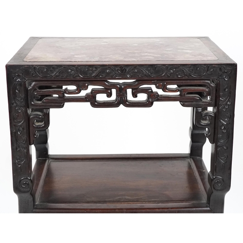 666 - Chinese hardwood two tier stand, late 19th century, with rouge marble top and carved decoration, 80c... 